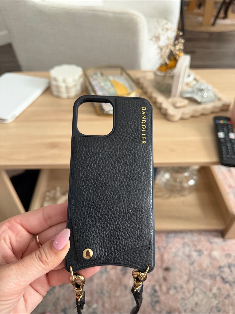 Bandolier Black Leather Crossbody Phone Case with Gold Accents